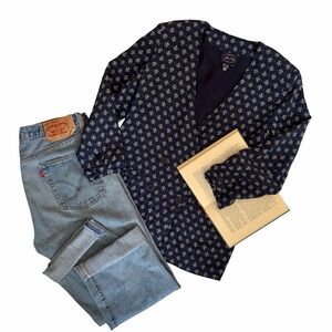 Vintage | Navy Silk Fleur De Lis Double Breasted Blazer